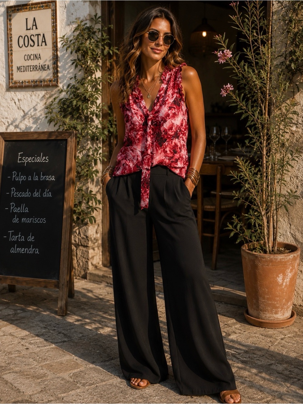 White House Black Market Red Floral Tie-Neck Sleeveless Blouse